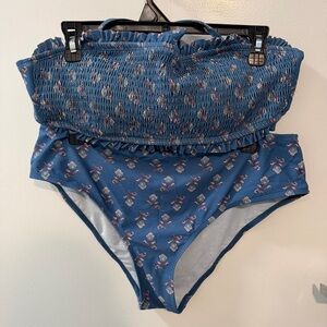 Bikini Set for Women Two Piece Swimsuit Bandeau Top Back Tie Mid Waisted Bottom